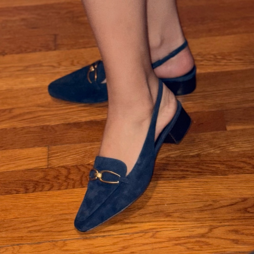 VERONICA BEARD Casie Slingback Pump in Navy Blue Suede with a Gold-Tone Buckle - Picture 13 of 13